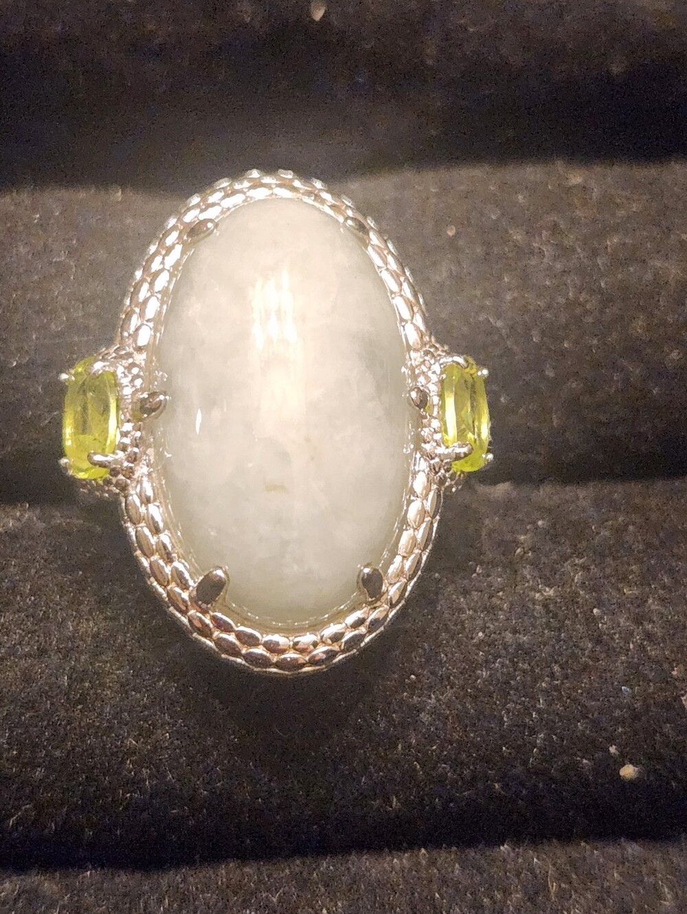 Silver Moonstone Ring with Lime Green Accent Stones
